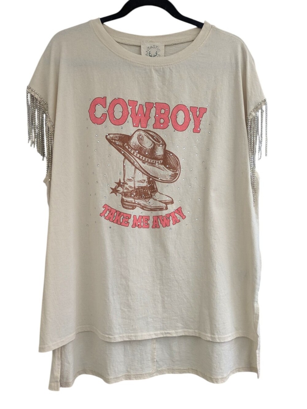 Fantastic Fawn Cowboy Graphic Rhinestone Fringe T-shirt